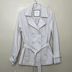 SONOMA Pea Coat Mini Trench Jacket Tan & White Double Breasted Matching Belt Lg